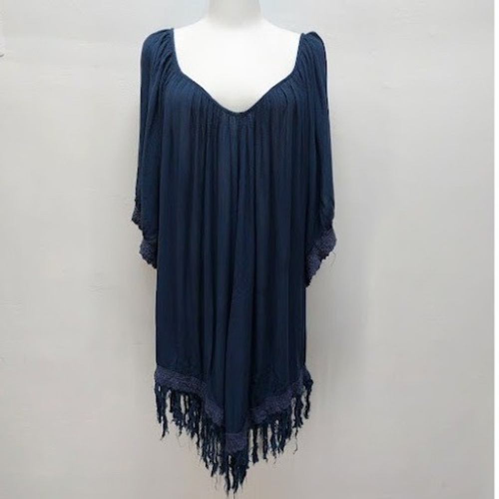 Muche et Muchette Tunic Women's Top OS Blue Fringe Crochet V-Neck Boho Kaftan